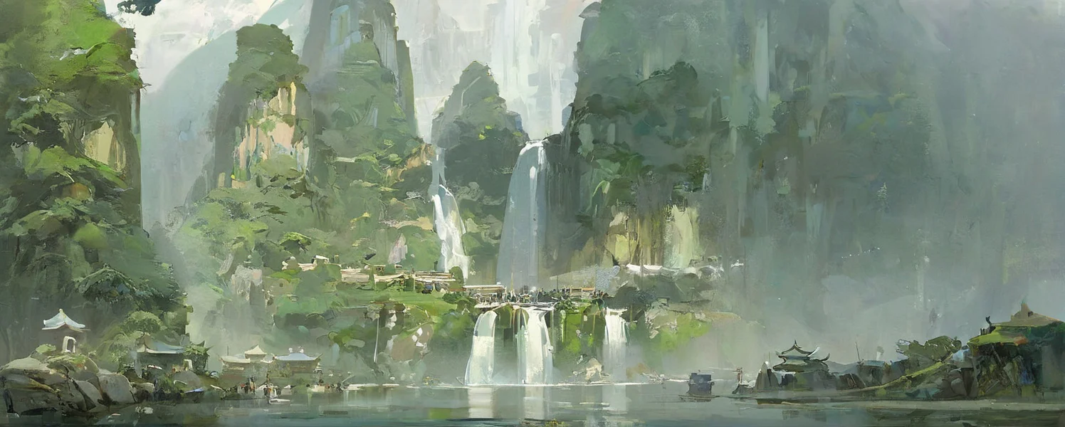chinese buliding,temple,guofeng,(pond:0.8),sunkilow,concept art,waterfall come from the mountain top,panorama,long shot,(reflection light:0.8),masterpiece,best quality,high quality,high details,UHD,gloomy,(low saturation:0.4),artstation,oil painting,bichu,<lora:Vcu;SDXL:0.4>,<lora:bichu230728-000006_0.5+bichu230729-000008_0.5:0.5>,<lora:gloomyXL:0.6>,