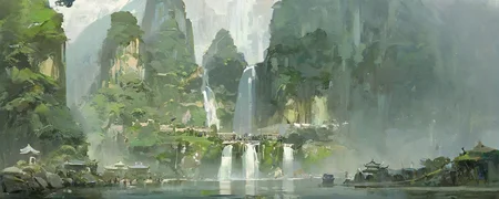 chinese buliding,temple,guofeng,(pond:0.8),sunkilow,concept art,waterfall come from the mountain top,panorama,long shot,(reflection light:0.8),masterpiece,best quality,high quality,high details,UHD,gloomy,(low saturation:0.4),artstation,oil painting,bichu,<lora:Vcu;SDXL:0.4>,<lora:bichu230728-000006_0.5+bichu230729-000008_0.5:0.5>,<lora:gloomyXL:0.6>,