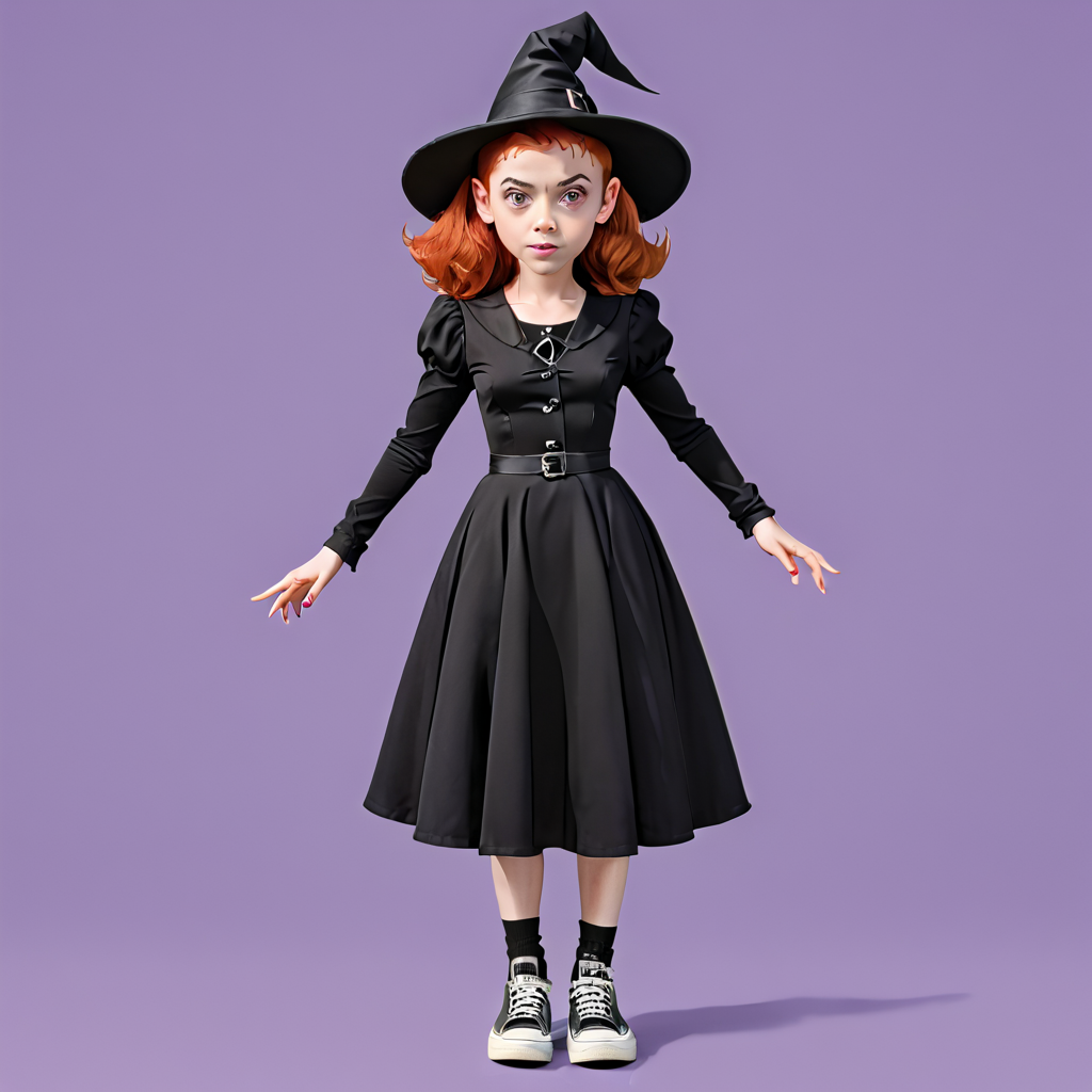 <lora:Everly_Heights_Character_Maker_Pony_XL:1> t-pose, Teen Witch with red hair wearing a black dress pointed hat and sneakers
