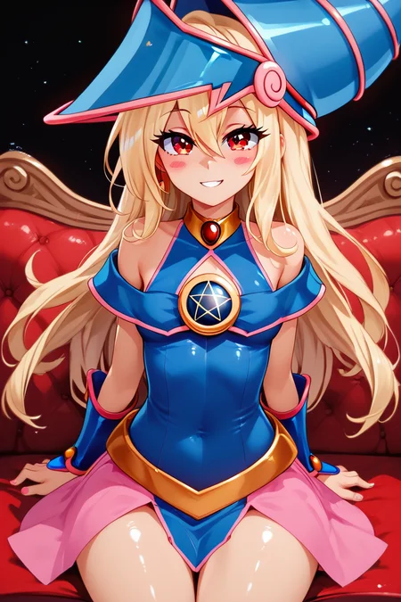 score_9, score_8_up, score_8, large breasts, (curvy), cute, eyelashes, ,,, , ,,, zzPrismagicCitronOC, hair between eyes, red eyes, blonde hair, long hair, blue headwear, wizard hat, bare shoulders, detached sleeves, pentacle, dress, blush stickers, <lora:Prismagic_CitronOC_PDXL:0.8>, ,,,, BREAK, ,,, smile, looking at viewer, blush, blurry, couch, sitting, ,,, shiny skin, <lora:ProAnime_PDXL_v1:0.7>, ,,, embedding:zPDXL, Expressiveh, <lora:SDXLFaeTastic2400:0.5>, <lora:Expressive_H-000001:0.4>,