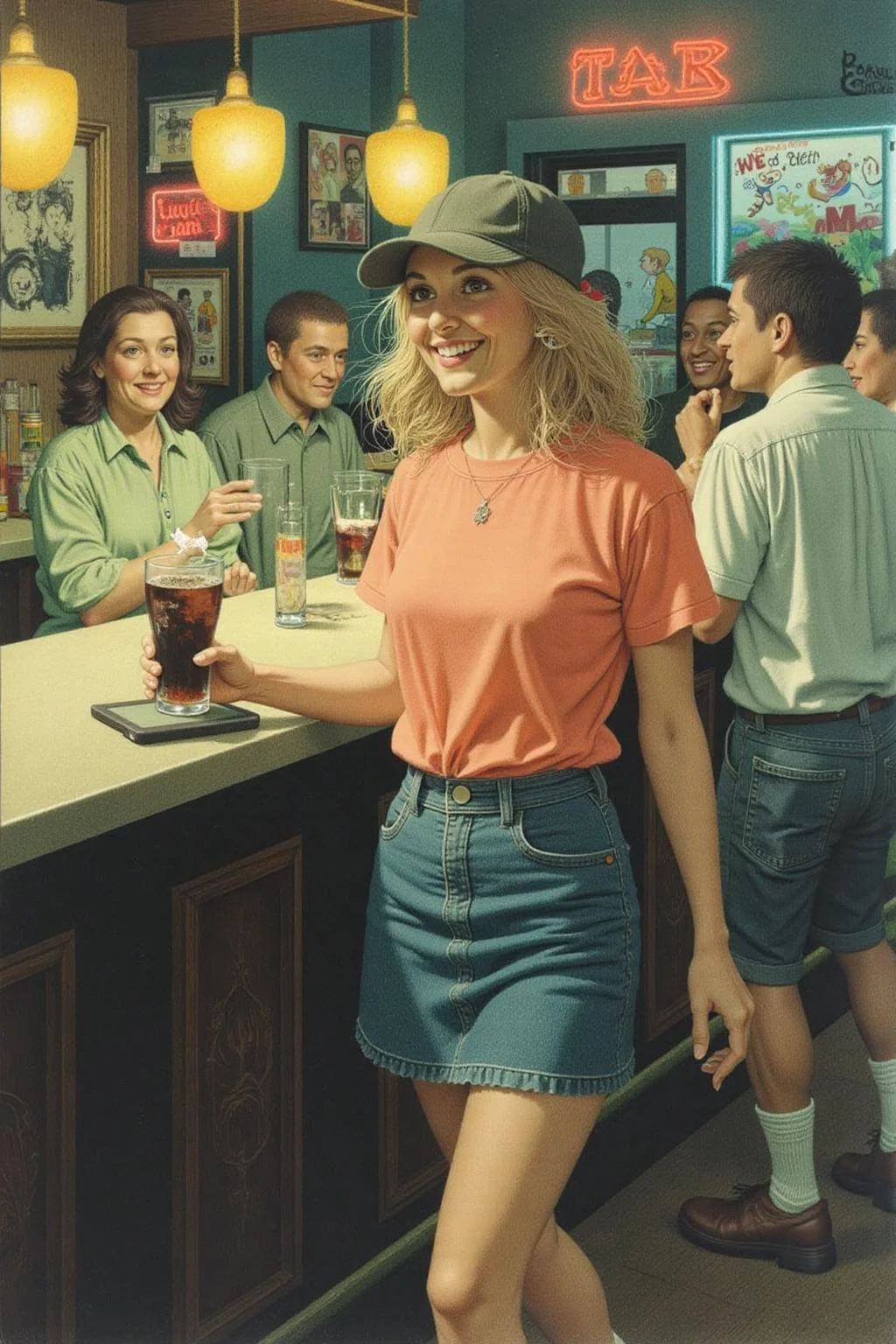 jeanleonhuens1 illustration.
The air buzzes with the energy of a busy bar, a mix of music, conversation, and the clinking of glasses. A barmaid, the embodiment of youthful vibrancy, navigates the lively scene. She wears a peach-coloured T-shirt, the soft fabric contrasting with the smooth, cold glass of coke she carries on a small tablet. Her short skirt adds a playful touch, and a backwards baseball cap hints at a carefree attitude. The setting and atmosphere are palpable: the warm, slightly sticky surface of the bar counter under her fingertips, the dim, colourful lighting that casts playful shadows. Sensory details are abundant: the condensation forming on the glass of coke, the texture of her denim skirt, and the way the bar lights catch the highlights in her hair. Her confident stride, her quick smile, and her efficient movements. Stylistically, the image draws inspiration from the vibrant, candid shots of nightlife photographers, with a touch of the stylized realism found in contemporary illustration. There's a deliberate contrast between the barmaid's youthful energy and the slightly worn, lived-in atmosphere of the bar, creating a dynamic and engaging image. <lora:jeanleonhuens1_ap_d6a3e12:1.0><lora:844826806210257517:0>