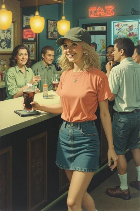 jeanleonhuens1 illustration.
The air buzzes with the energy of a busy bar, a mix of music, conversation, and the clinking of glasses. A barmaid, the embodiment of youthful vibrancy, navigates the lively scene. She wears a peach-coloured T-shirt, the soft fabric contrasting with the smooth, cold glass of coke she carries on a small tablet. Her short skirt adds a playful touch, and a backwards baseball cap hints at a carefree attitude. The setting and atmosphere are palpable: the warm, slightly sticky surface of the bar counter under her fingertips, the dim, colourful lighting that casts playful shadows. Sensory details are abundant: the condensation forming on the glass of coke, the texture of her denim skirt, and the way the bar lights catch the highlights in her hair. Her confident stride, her quick smile, and her efficient movements. Stylistically, the image draws inspiration from the vibrant, candid shots of nightlife photographers, with a touch of the stylized realism found in contemporary illustration. There's a deliberate contrast between the barmaid's youthful energy and the slightly worn, lived-in atmosphere of the bar, creating a dynamic and engaging image. <lora:jeanleonhuens1_ap_d6a3e12:1.0><lora:844826806210257517:0>