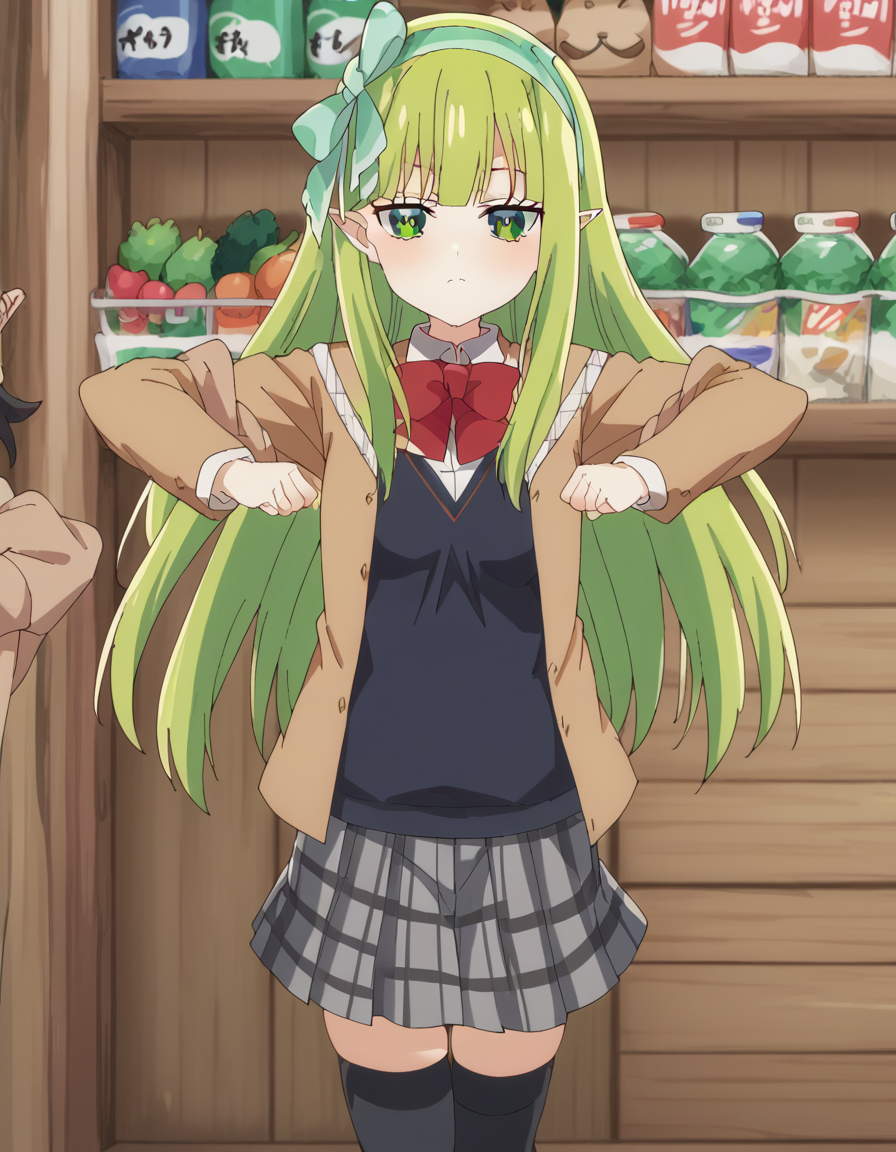 score_9, score_8_up, score_7_up, source_anime, <lora:orphia-s2-ponyxl-lora-nochekaiser:1>, orphia, long hair, bangs, very long hair, green eyes, hairband, green hair, pointy ears, elf, green hairband, mature female, small breasts, anime screencap,, skirt, shirt, thighhighs, long sleeves, bow, school uniform, jacket, white shirt, pleated skirt, collared shirt, black thighhighs, bowtie, red bow, zettai ryouiki, plaid, plaid skirt, red bowtie, grey skirt,, grocery store, shopping cart, picking fruits, everyday life, , <lora:mochi-mochi-ponyxl-lora-nochekaiser:1>, mochi mochi dance, clenched hands, hands up,, looking at viewer, solo,, cowboy shot