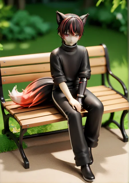 score_9, score_8_up, score_7_up, score_6_up, score_5_up, score_4_up,
1boy, solo, male focus, looking at viewer, full body, from above, :3,
robinaki3, (single mechanical arm:1.2), tail,
(black shirt, turtleneck, black pants, long sleeves, one sleeve rolled up:1.1),
sitting on bench, park, sunlight, butterfly, grass,
otoko no ko,