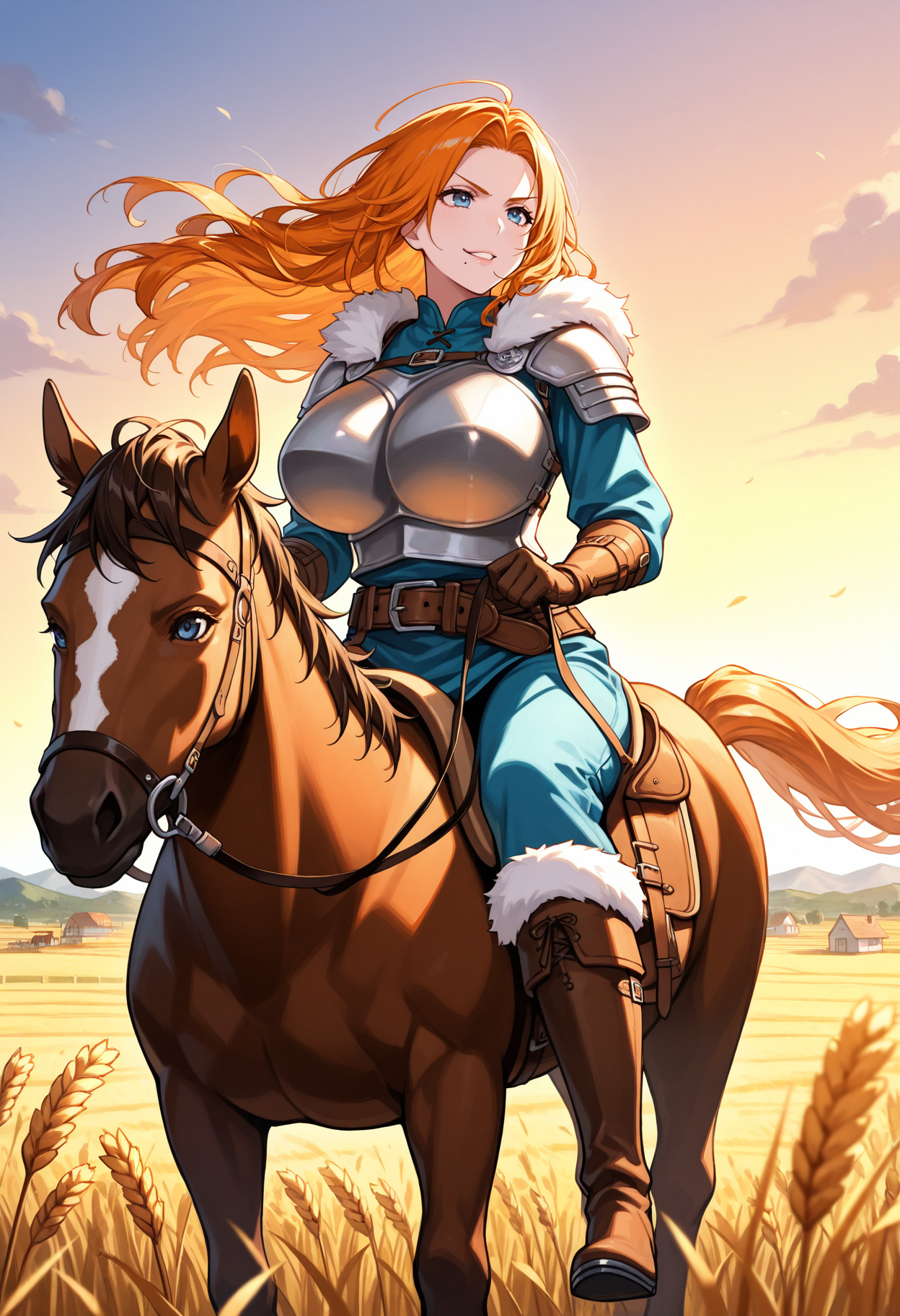 masterpiece, best quality, 1girl, solo, rgku, orange hair, mole under mouth, long hair, lips, huge breasts, viking, fur trim, armor, wheat field, outdoors, wind, horseback riding, riding, horse, reins, holding reins, saddle, looking ahead, blue eyes, belt, boots, fur-trimmed boots, farm, house, scenery, landscape, wheat, sunset, v-shaped eyebrows, smirk, parted lips