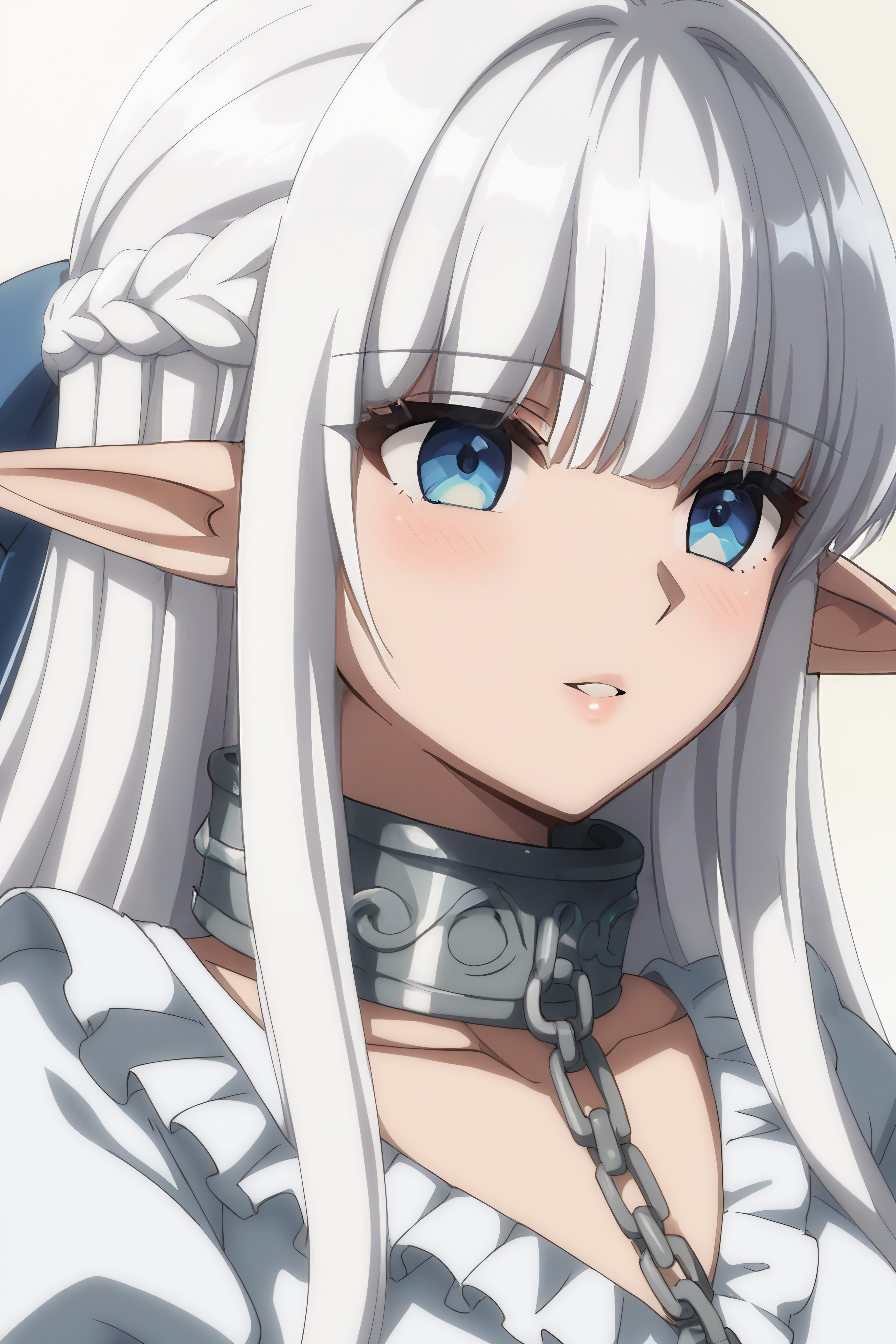 score_9, score_8_up, score_7_up, BREAK source_anime, <lora:Nephelia-PonyXL-lora-faxtron:0.8> nephelia, elf, blue eyes, white hair, long hair, metal collar, white dress, long sleeves, puffy sleeves,