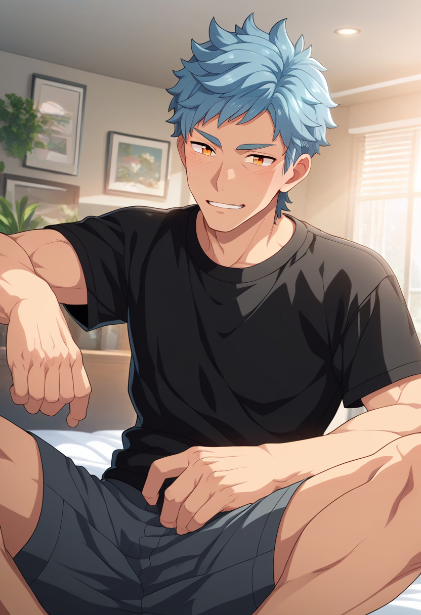 1boy, male focus, 
<lora:Character_-_Helios_Rising_Heroes_-_Asch_Albright:1> asch, blue hair, orange eyes,  
((zPDXL)), score_9_up, score_8_up, score_7_up, score_6_up, score_5_up, score_4_up, best quality, amazing quality, best aesthetic, absurdres, year2023, nsfw, game cg,  official art, official style, anime screencap,
bedroom, black shirt, sitting on bed, shorts, presenting,