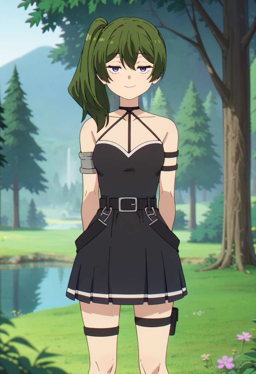 score_9, score_8_up, score_7_up,
<lora:SousouNoFrieren_UbelXL:0.8>, UbelSSnF,
1girl, solo, closed mouth, ligth smile,
green hair, side ponytail, purple eyes, 
black dress, halterneck, sleeveless, short dress, black belt, armlet, arm strap, single glove, thigh strap,
standing, looking at the viewer, arms behind back,
fantasy, medieval, photo background, forest, tree, moss, stream, stone, leaf, maple tree, grass, nature, blurry background