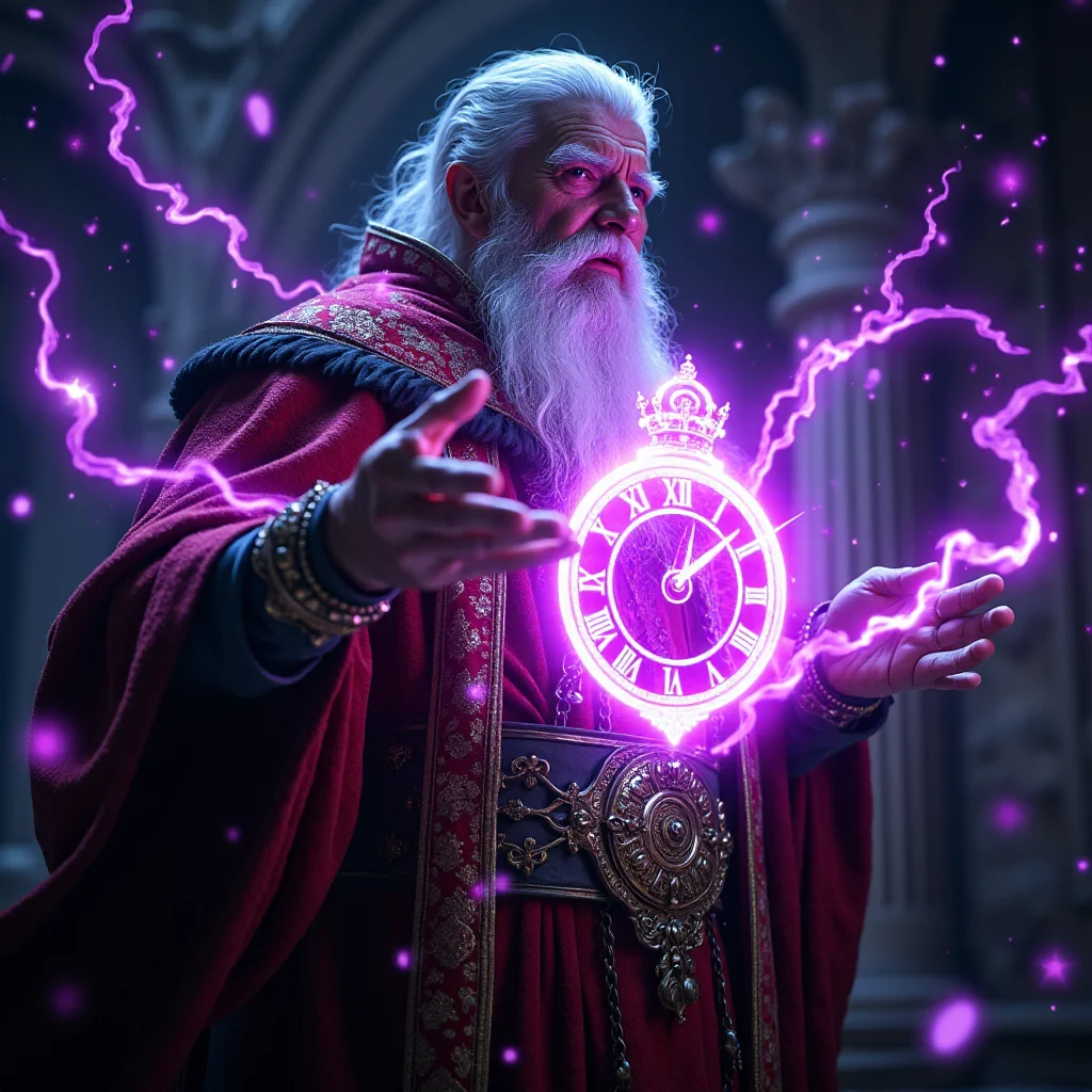 A cinematic shot of an ancient powerfull wizard, glowing purple symbols on his face. The wizard is casting a purple magical time spell that resembles a floating clock, dungeon in background, hkchrono <lora:ChronoDivinitiesFlux_r1:0.85> <lora:FluxMythP0rtr4itStyle:0.8>