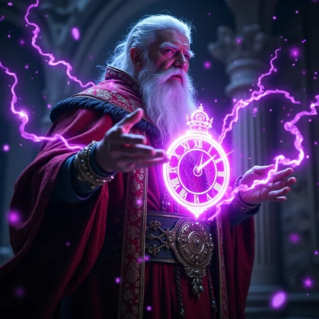 A cinematic shot of an ancient powerfull wizard, glowing purple symbols on his face. The wizard is casting a purple magical time spell that resembles a floating clock, dungeon in background, hkchrono <lora:ChronoDivinitiesFlux_r1:0.85> <lora:FluxMythP0rtr4itStyle:0.8>