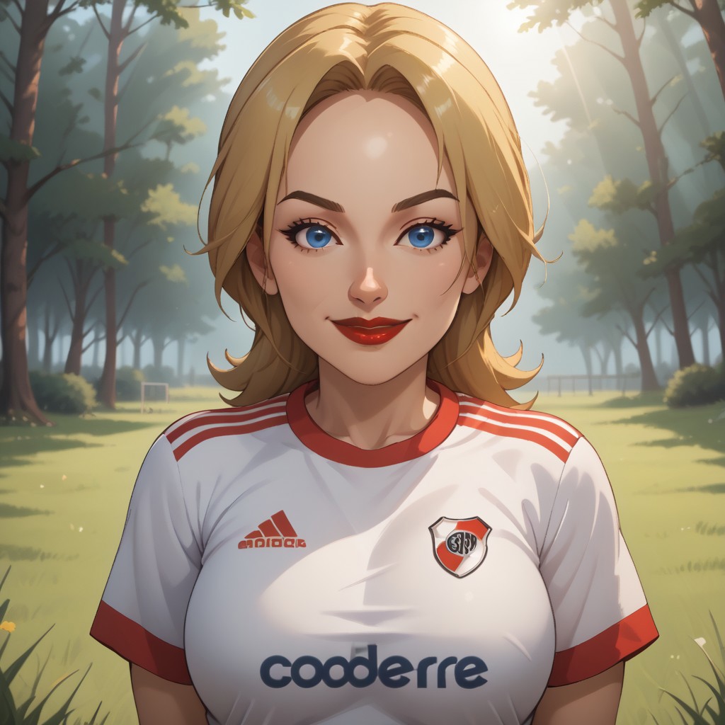 score_9, score_8, BREAK, solo, wii, mii, wii sports, 1girl, female mii, blonde hair, blue eyes, brown eyebrows, red lips, lipstick, RiverPlate, striped shirt, striped, shirt, white shirt, short sleeves, clothes writing, sportswear, soccer uniform, big breasts, (((adult female, mature female))), Montserrat_(OC_Mii), cute, sexy pose, self portrait, smile, outdoors, sunlight, shadows, evening lighting, natural lighting, forest, trees, grass, orange sky, sunset
