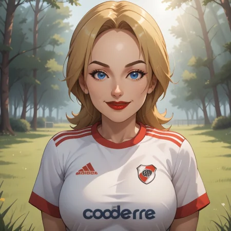 score_9, score_8, BREAK, solo, wii, mii, wii sports, 1girl, female mii, blonde hair, blue eyes, brown eyebrows, red lips, lipstick, RiverPlate, striped shirt, striped, shirt, white shirt, short sleeves, clothes writing, sportswear, soccer uniform, big breasts, (((adult female, mature female))), Montserrat_(OC_Mii), cute, sexy pose, self portrait, smile, outdoors, sunlight, shadows, evening lighting, natural lighting, forest, trees, grass, orange sky, sunset