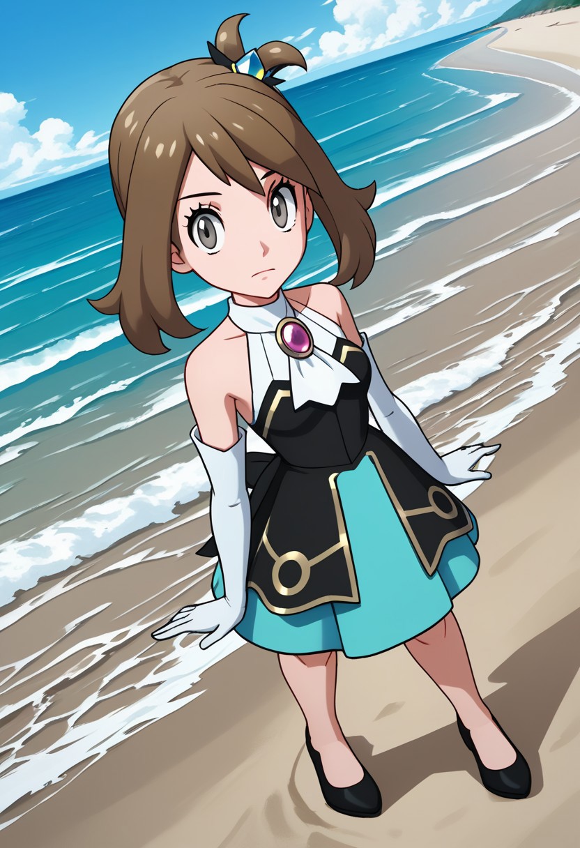 2d, masterpiece, best quality, amazing quality, 1girl, solo, close-up, standing, upper body, from above, dutch angle, looking at viewer, sky, beach, sea, clouds, ncmay, def colors, (may \(pokemon\):0.5), grey eyes, brown hair, medium hair, hair ornament black dress, aqua dress, sleeveless, bare shoulders, elbow gloves, white gloves, white ascot, knees, shoes, high heels, black footwear, score_9, score_8_up, score_7_up,source_anime, masterpiece, best quality, amazing quality, highres, absurdres, newest