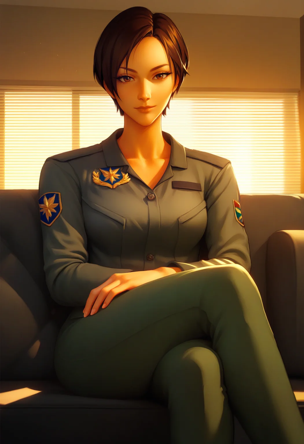 score_9, score_8_up, score_7_up, score_6_up, <lora:KeiNagase:0.9>, KeiNagase, 1girl, solo, brown hair, short hair, brown eyes,
military uniform, green pants,
sitting, couch, looking at viewer, light smile, closed mouth, crossed legs,
BREAK indoors, sunset, office,