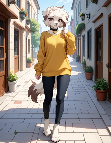 masterpiece, best quality, very aesthetic, absurdres,
outdoors, casual, 
full body, standing, posing, 
seductive smile, parted lips, long eyelashes,
 <lora:Infi_v01_NAIXL:1>,
1nf1,1girl,solo,furry,furry female,dog girl,dog ears,short hair,white hair,brown eyes,snout,animal nose,collar,neck bell,body fur,white fur,dog tail,