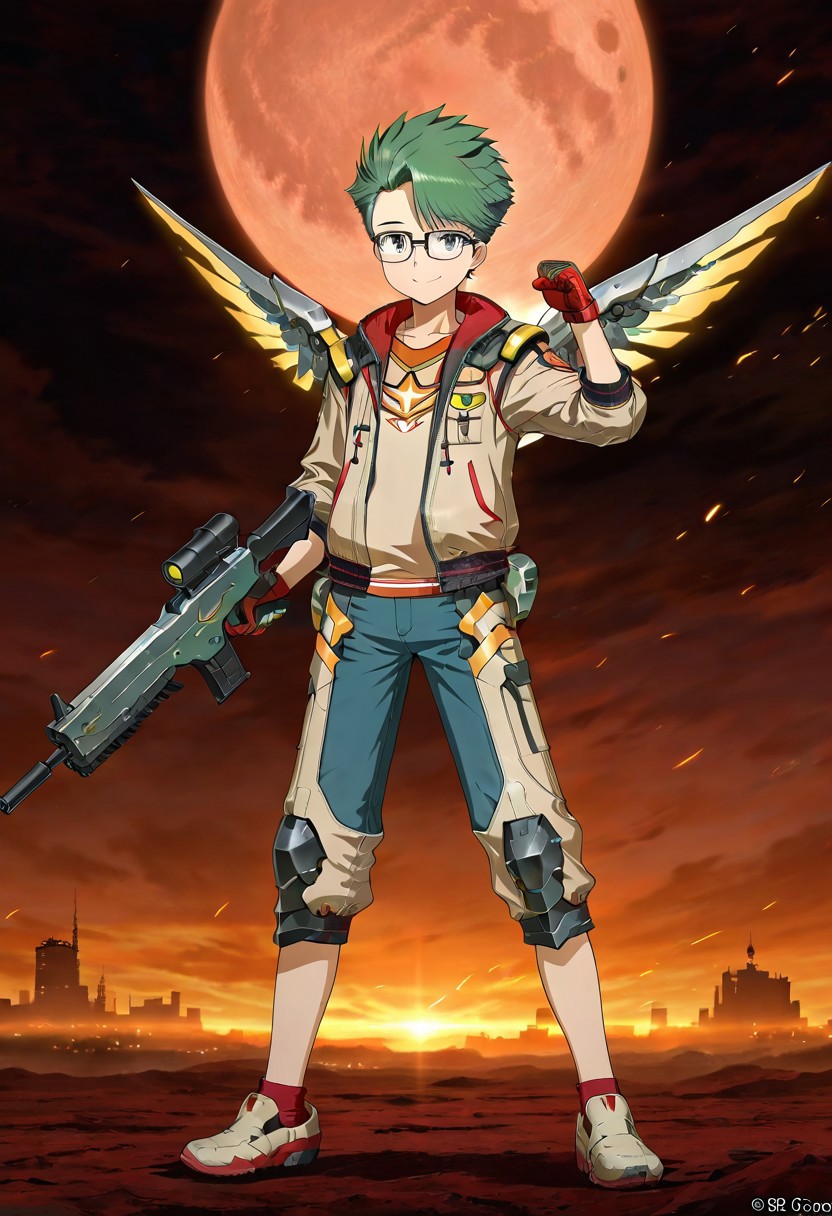 gb4_tao, green hair, short hair, grey eyes, 1boy, solo, male focus, young, teen, glasses, lean body, wear mecha armor with eagle mecha wings, white mecha armor theme, fly toward the viewer, fight pose, high quality,  armaments equipped in the armor,  score_9, futuristic city in the background, BREAK, his right hand is holding beam rifle, high quality, best quality, masterpiece, detailed draw,detailed eyes, detailed face