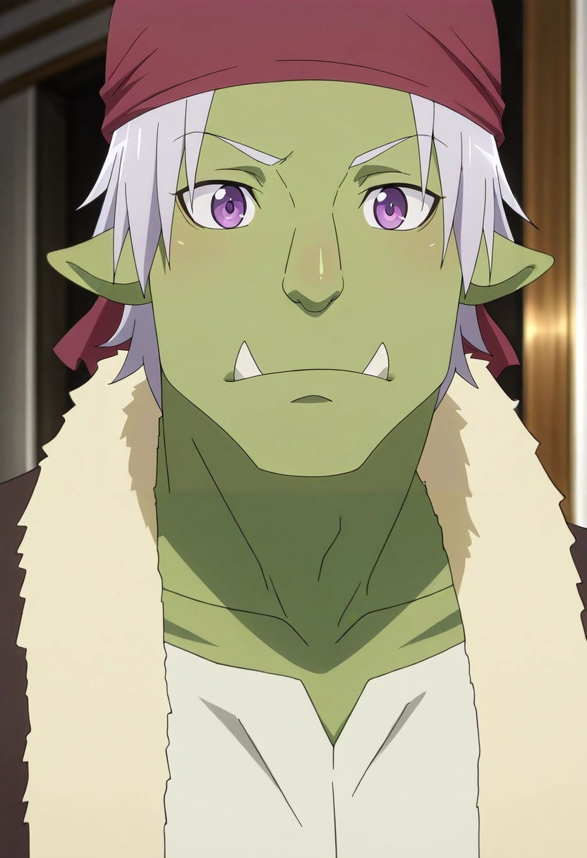 masterpiece, best quality, , anime screencap, , , looking at viewer, 1boy, solo, male focus, <lora:rigur_tensura_ilxl:0.9>, rigur_tensura, grey hair, purple eyes, pointy ears, colored skin, green skin, goblin, bandana, tusks, , ,