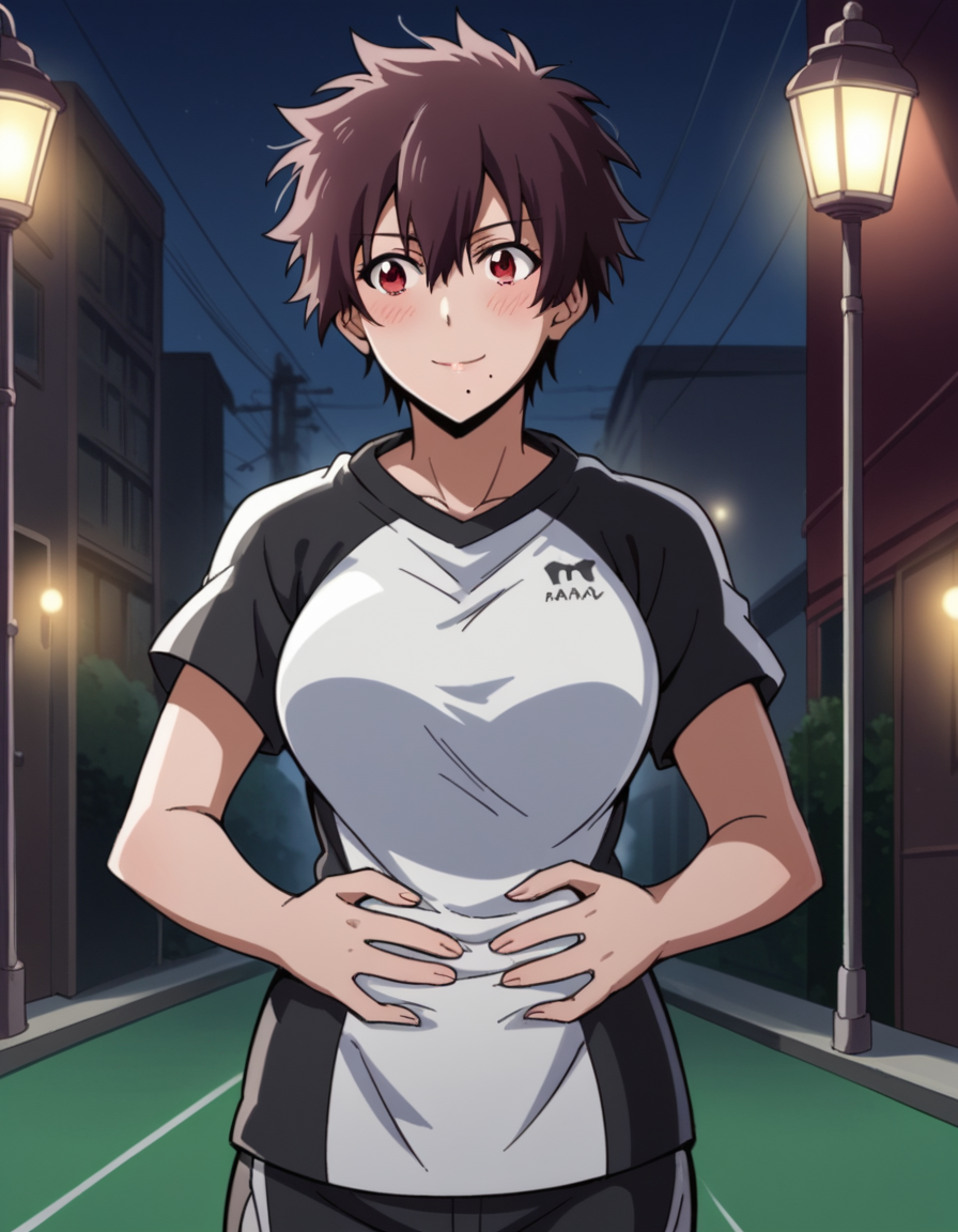 score_9, score_8_up, score_7_up, source_anime, <lora:nagisa-aragaki-s1-ponyxl-lora-nochekaiser:1>, nagisa aragaki, short hair, large breasts, brown hair, red eyes, brown eyes, mole, mole under mouth, tomboy, shirt, shorts, sportswear,, city street, evening, streetlights, walking dog, quiet neighborhood, gentle breeze, smile, looking at viewer, hands on stomach, blush,, solo,, dutch angle, cowboy shot