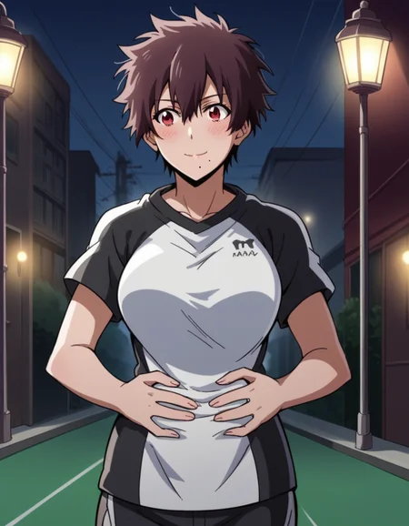 score_9, score_8_up, score_7_up, source_anime, <lora:nagisa-aragaki-s1-ponyxl-lora-nochekaiser:1>, nagisa aragaki, short hair, large breasts, brown hair, red eyes, brown eyes, mole, mole under mouth, tomboy, shirt, shorts, sportswear,, city street, evening, streetlights, walking dog, quiet neighborhood, gentle breeze, smile, looking at viewer, hands on stomach, blush,, solo,, dutch angle, cowboy shot
