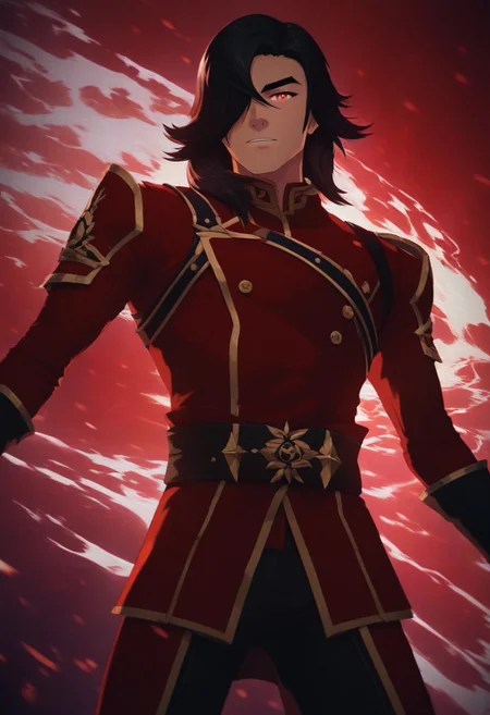 ((cowboy shot view)), ((dynamic view)), ((epic shot)), ((solo male)), looking at viewer,
score_9,score_8_up,score_7_up,score_6_up, best quality, high resolution, ANIME, 1man with a mature and beautiful body and face, EXTREMELY BEAUTIFUL/sexy. His face has delicate feminine features, long eyelashes, medium hair, black hair, hair fallen over one eye, thin eyebrows, bright crimson eyes with a white core in the center of them, wears a sophisticated noble and military red outfit with golden lines outlining his chest, purple lines on the sleeves, using as color secondly, sophisticated black, the same color as his pants and boots, his clothes are tight to his body, demonstrating a well-sculpted body as if he were a warrior by nature, glowing energy background