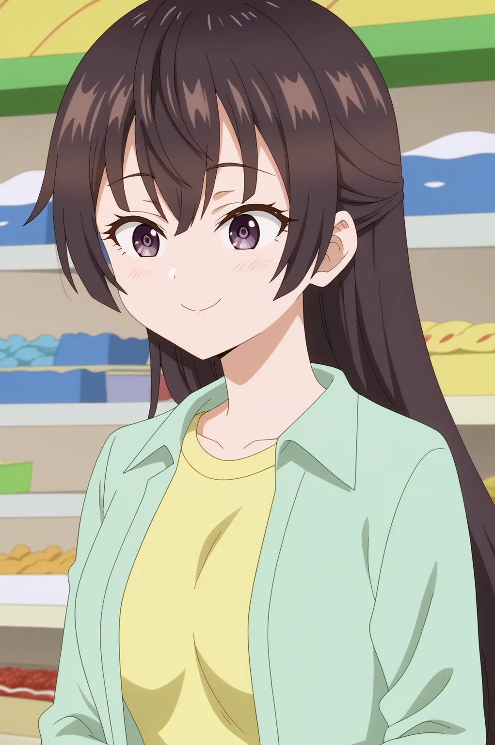 Yuki suou,anime screencap,1girl,solo,mature,long hair,yellow shirt,light green jacket,long sleeves,open clothes,shopping center,smiling <lora:Yuki_Suou - PDXL2.safetensors:0.8>