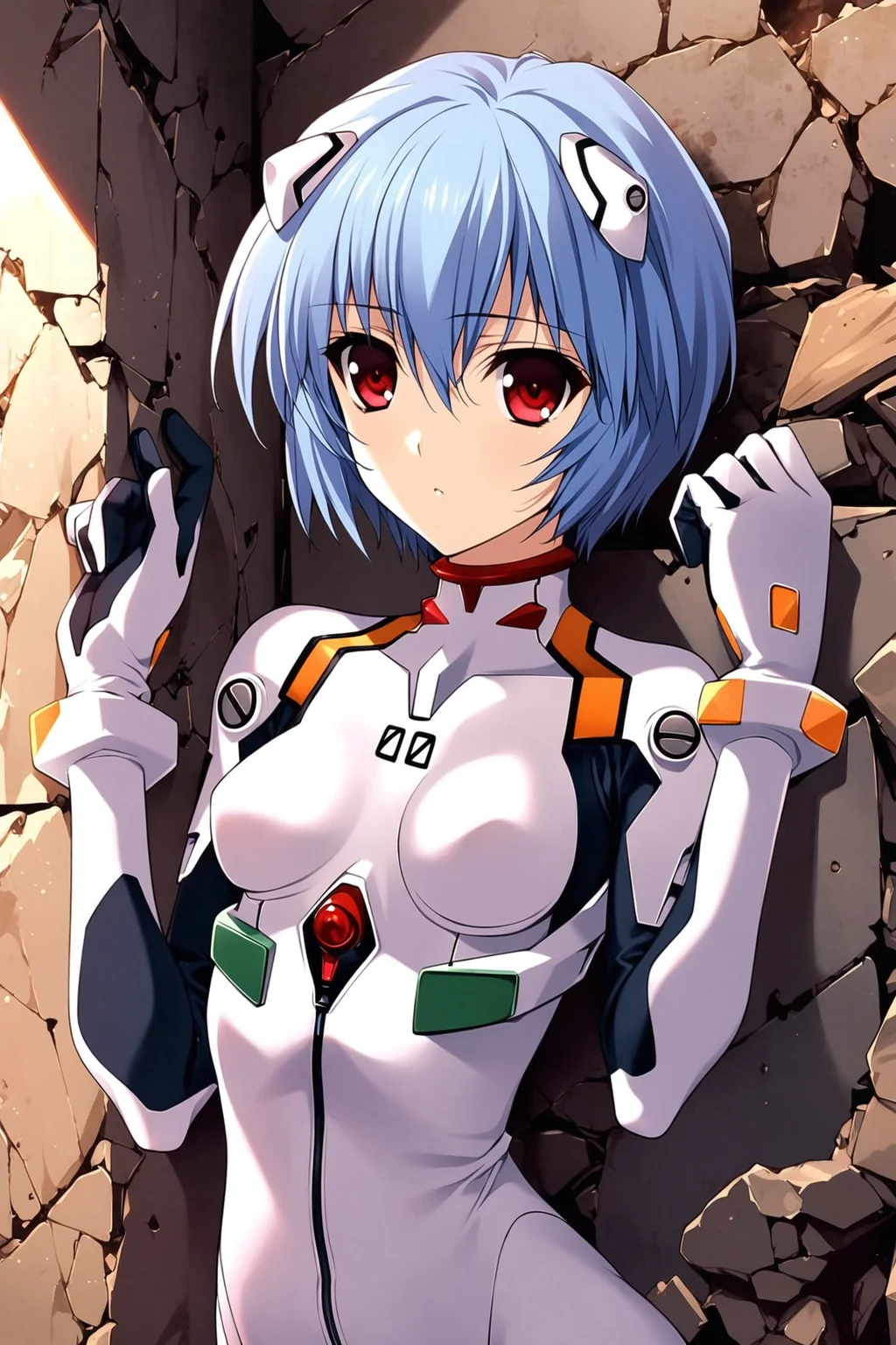 1girl,ayanami rei,plugsuit,solo,white bodysuit,red eyes,short hair,bodysuit,blue hair,against wall,interface headset,breasts,pilot suit,gloves,bangs,ruins,looking at viewer,small breasts,pale skin,bracer,<lora:Suzuhira Hiro_XL:0.8>,