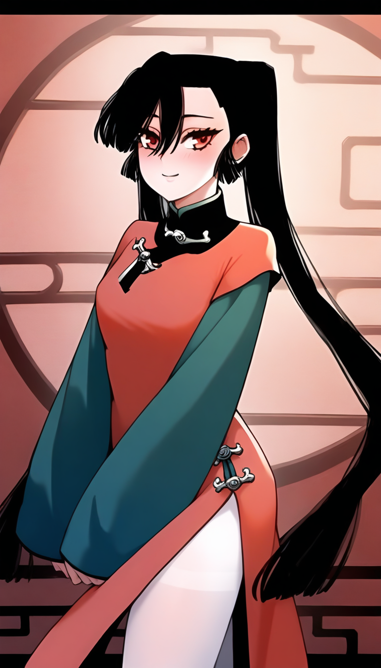 <lora:hudasheng:1>,hudasheng,1girl,long hair,red eyes,solo,long hair,black hair,hair between eyes,ponytail,pigtails,white_pantyhose,china_dress,red china_dress,long sleeves,green long sleeves,
standing,looking at viewer,smile,blush,light_blush,full_shot,from_side,, masterpiece,best quality,amazing quality,