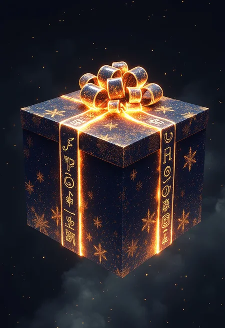 NewFantasyCore, A massive, glowing gift box floating in midair, its wrapping paper shimmering with shifting patterns of galaxies, snowflakes, and fiery runes. The bow atop the box writhes like living tendrils, occasionally snapping outward as if testing the air. The lid sits slightly ajar, releasing a faint, golden mist that drifts outward and forms fleeting shapes—stars, faces, or perhaps claws. The box hums with a low, resonant tone, both inviting and foreboding, as though it holds unimaginable joy or unspeakable terror. It could be a treasure, a trap, or something waiting to awaken. Style: mysterious dark Christmas fantasy with layered intrigue.