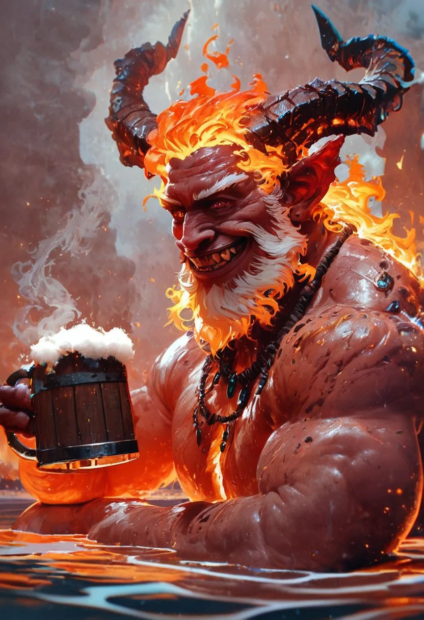 score_9, score_8_up, score_7_up, score_6_up, score_5_up, score_4_up, high quality, 8K Ultra HD, balrog taking a stream bath in a crystal clear cenote, holding a large glass mug of beer in one hand, big relaxed smile, horns, bearded human face, hair and facial hair on fire, closeup, leaning back reclined in the water, bubbling water, lots of steam, semi realistic, exhaling smoke, flaming head and shoulders, fire in eyes, fire coming out of ears, sfw