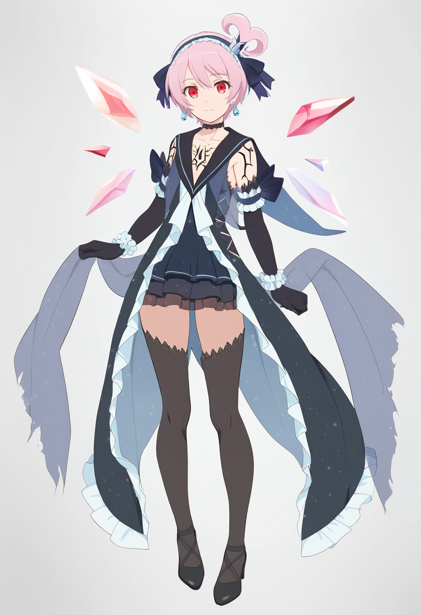 masterpiece, best quality,  <lora:dark_kanonno1:1>, dark kanonnno, black dress, black thighhighs, hairband, elbow gloves, earrings, jewerly, choker, tattoo, earrings, full body, white background,