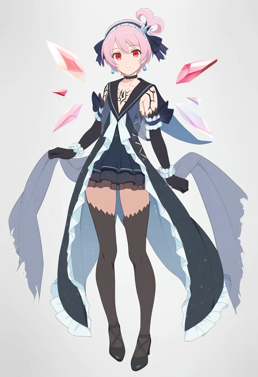 masterpiece, best quality, <lora:dark_kanonno1:1>, dark kanonnno, black dress, black thighhighs, hairband, elbow gloves, earrings, jewerly, choker, tattoo, earrings, full body, white background,