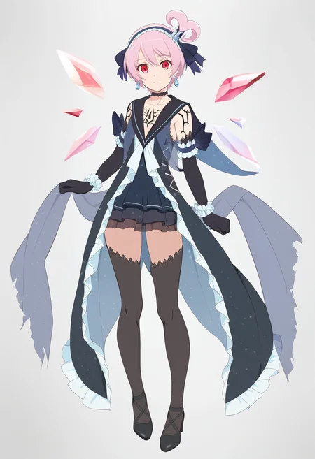 masterpiece, best quality, <lora:dark_kanonno1:1>, dark kanonnno, black dress, black thighhighs, hairband, elbow gloves, earrings, jewerly, choker, tattoo, earrings, full body, white background,