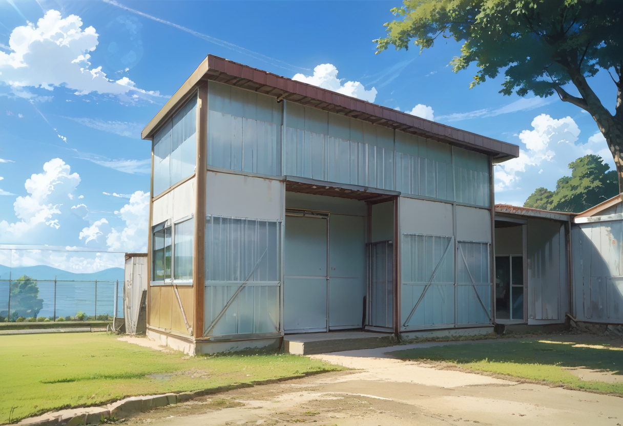 score_9, score_8_up, score_7_up, rating_safe, masterpiece, best quality, absurdres, unity 8k wallpaper, official art, official style, source_anime, uncensored, game cg, megami magazine,
taikusouko, scenery, cloud, sky, building, fence, day, exterior, outdoors, blue sky, summer, cloud, sunlight, 
 <lora:gakkou_taiikusouko_PONY_V1:1>