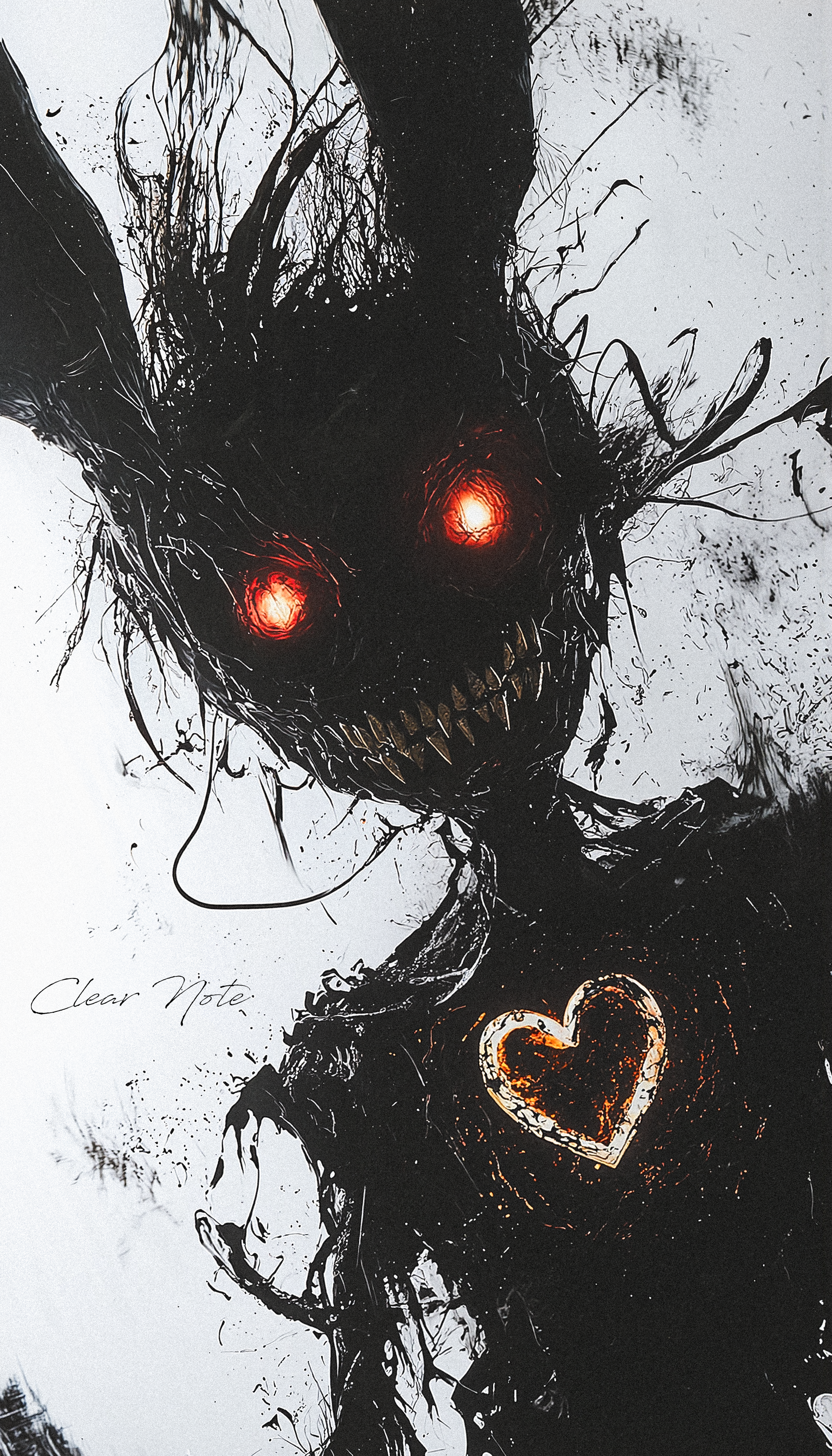 A demon with a heart-shaped symbol, radiating evil, its sharp teeth gleaming like daggers. Glowing red eyes pierce the darkness, while long rabbit ears twitch with silent malice. The night trembles at its presence.
