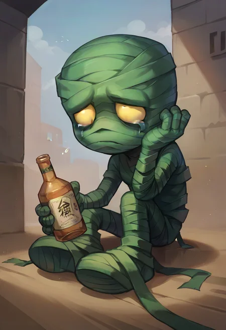 score_9, score_8_up, score_7_up, score_6_up, 4mumu, mummy, 1boy, male focus, yellow eyes, bandages, full body, <lora:Amumu_Default_v1:0.7>, sitting, sad, dynamic pose, solo, looking down,alcohol ,bags under eyes ,depressed