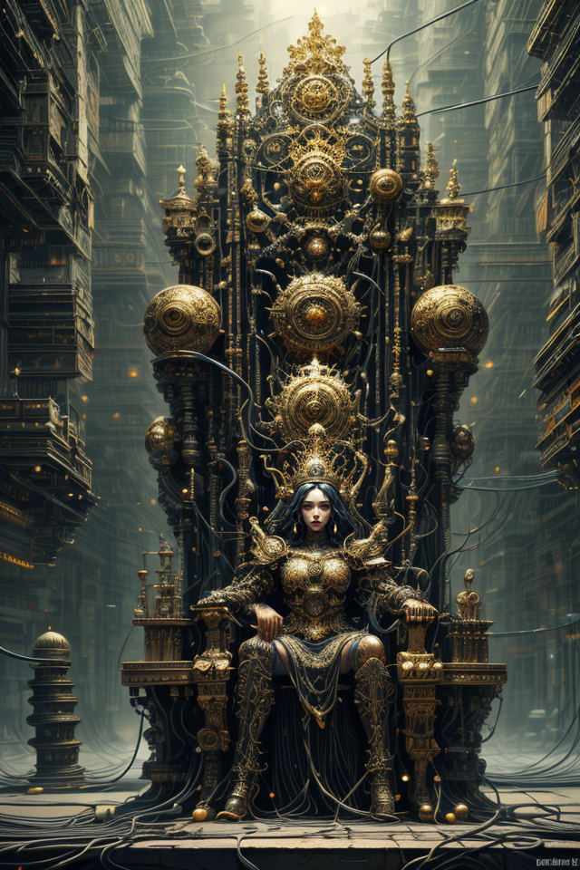 ethereal fantasy concept art of Gothic style <lora:not-the-true-world-sd15_r1:0.5>,<lora:Concept_-_Hella-sthetic_v2:0.3>,intricate throne,thronr room,(by Artist Andre-Charles Boulle:1.3),(cables reach for the throne,electricity,wires:1.5),(Cyberpunk Art:1.5),<lora:EbonyGoldAI:0.3>,ebonygoldai,(queen in golden armor on the throne,:1.4),crown,, intricate, elegant, highly detailed, symmetry, magical atmosphere, sharp focus, majestic, very coherent, radiant, advanced, cinematic, artistic, fine detail, winning, beautiful, stunning, dramatic light, designed, rich deep colors, perfect professional background, ambient, tailored set composition  . medieval, pointed arches, stained glass, highly detailed . magnificent, celestial, ethereal, painterly, epic, majestic, magical, fantasy art, cover art, dreamy