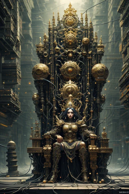 ethereal fantasy concept art of Gothic style <lora:not-the-true-world-sd15_r1:0.5>,<lora:Concept_-_Hella-sthetic_v2:0.3>,intricate throne,thronr room,(by Artist Andre-Charles Boulle:1.3),(cables reach for the throne,electricity,wires:1.5),(Cyberpunk Art:1.5),<lora:EbonyGoldAI:0.3>,ebonygoldai,(queen in golden armor on the throne,:1.4),crown,, intricate, elegant, highly detailed, symmetry, magical atmosphere, sharp focus, majestic, very coherent, radiant, advanced, cinematic, artistic, fine detail, winning, beautiful, stunning, dramatic light, designed, rich deep colors, perfect professional background, ambient, tailored set composition  . medieval, pointed arches, stained glass, highly detailed . magnificent, celestial, ethereal, painterly, epic, majestic, magical, fantasy art, cover art, dreamy