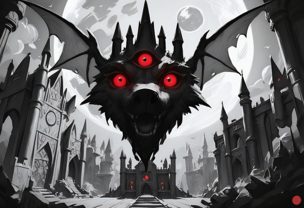 score_9, score_8_up, score_7_up, illustration, monochrome, inside castle, flying bat, threeeyed bat, red glowing eyes, moon, moonlight, nighttime, no humans