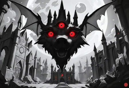 score_9, score_8_up, score_7_up, illustration, monochrome, inside castle, flying bat, threeeyed bat, red glowing eyes, moon, moonlight, nighttime, no humans