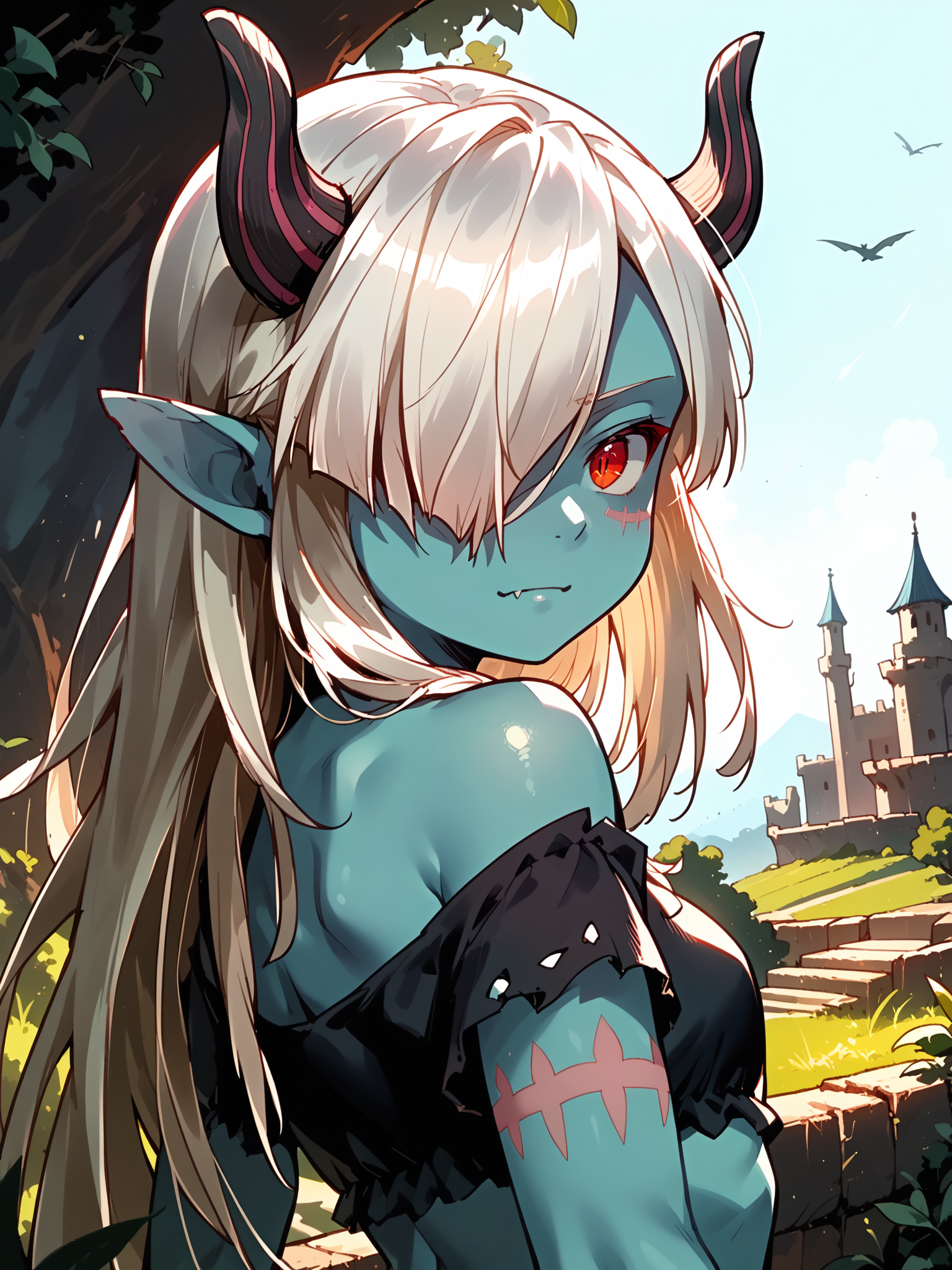 (upper body, solo:1.1) <lora:happy_tentacle-necromancer-v0.3-000037:1>, ht_necromancer, colored skin, horns, (petite:1.2), <lora:Shed_The_Skin's StS_age_slider_v1_initial_release:-1.1> ( :1.1) ( , , ( :1.2) , , looking back :1) , outdoors, vegetation, (overgrown :1.1), , (dawn :0.6), , (:0.5), , (european architecture :0.8), (oasis :1.2) (( from below :1.1) :0.8) score_9, score_8_up, score_7_up, score_6_up, score_5_up, score_4_up, ( [(realistic, photorealistic:1.3):(realistic:1.2):16] [(3d:1.2)::14] :1) <lora:LUUNA's Lunas-NijiJourney-SDXL-B2:0.35>, nijijourney <lora:prgfrg23's Counterfeit-V3.0 Style SDXL_LoRA_Pony Diffusion V6 XL:0.5> <lora:mfcg's mfcgXL:0.12> <lora:reweik's gyokai(himehajime)_PonyXL_style_v01:0.14>