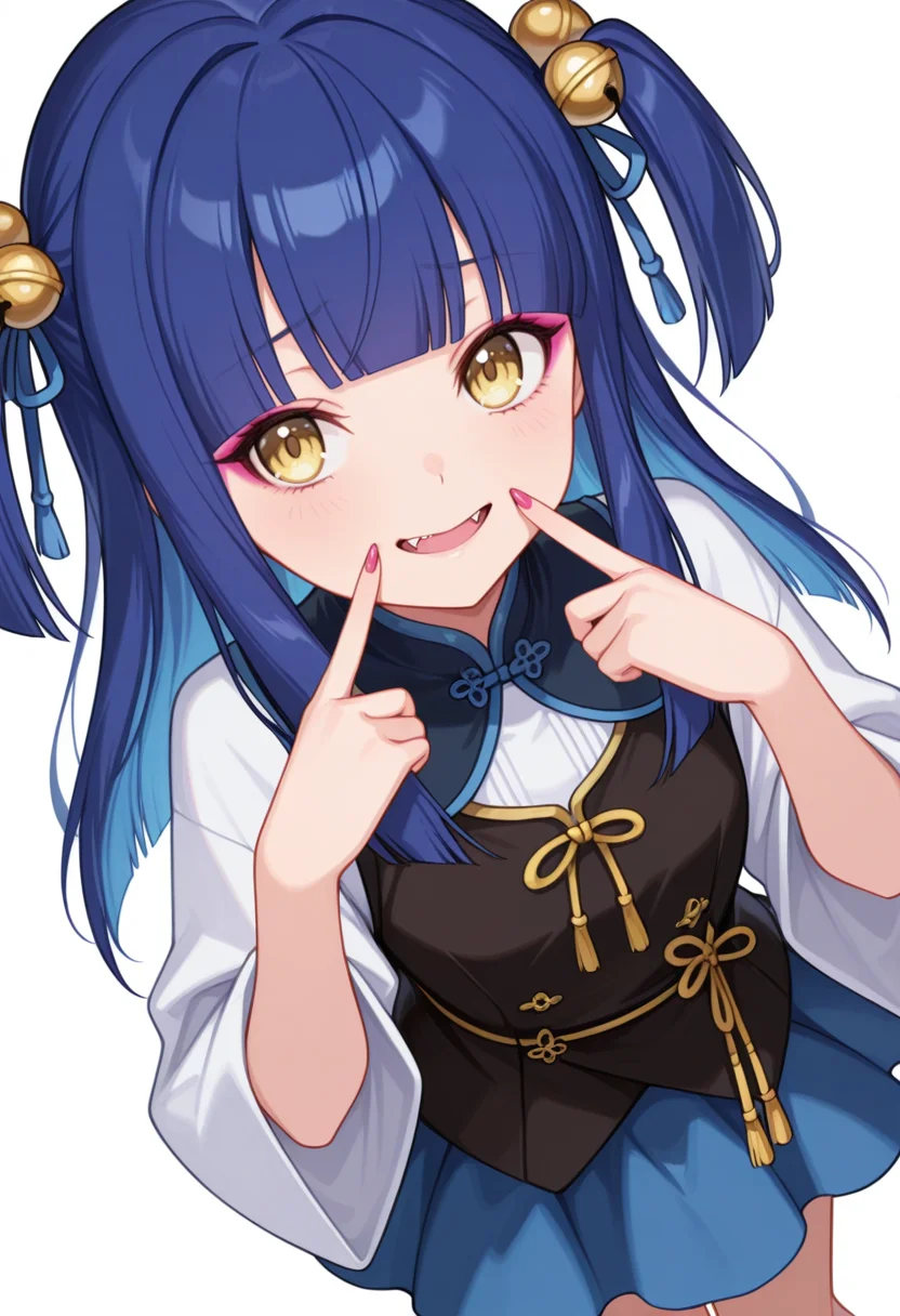 Smooth Quality,masterpiece,very intricate, high quality details, ultra realistic, high detailed skin,detailed enviorement,absurdres,
gyaru v,
<lora:Ranran_CNR:0.8> ranran_cnr,1girl, blue hair, long hair, two side up, blunt bangs, yellow eyes, fangs, hair ornament, hair bell,hair ribbon, hair bobbles,makeup,, fingersmile,, simple background, white background, dutch angle,solo,, waistcoat, ,robe, ,tulip skirt, ,