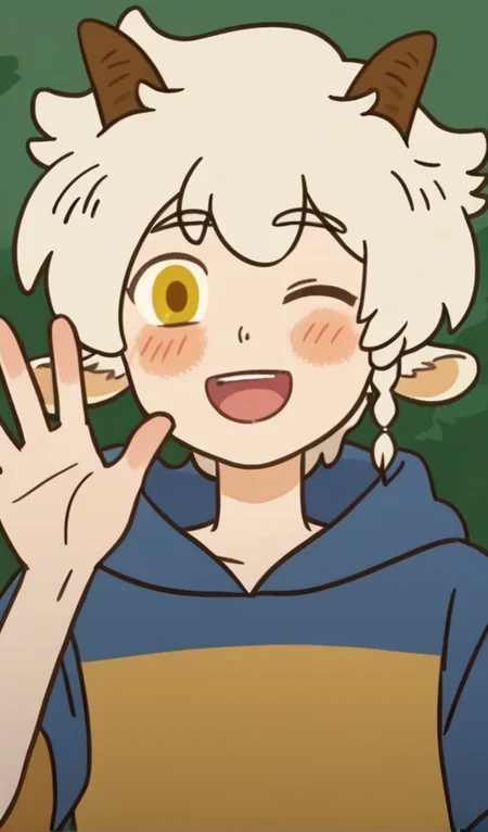 score_9, 1boy, solo, animal ears, horns, white hair, male focus, yellow eyes, braid, short hair, happy, one eye closed, smile, blush, mouth open, looking at viewer, waving, <lora:Neil_Bowman:1>