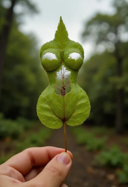 The image is a photograph capturing a person's hand holding a small, intricately cut leaf of a womanlike breasts silhouette