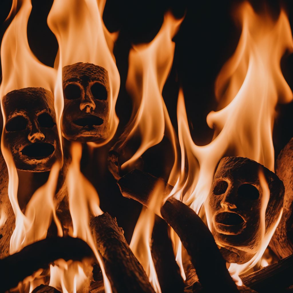 surreal photography composition, close up of flames, campfire flames turning into abstract faces, ominous, night scene, blurry, film grain