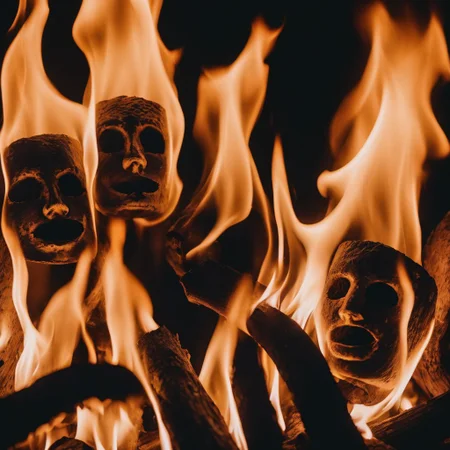 surreal photography composition, close up of flames, campfire flames turning into abstract faces, ominous, night scene, blurry, film grain