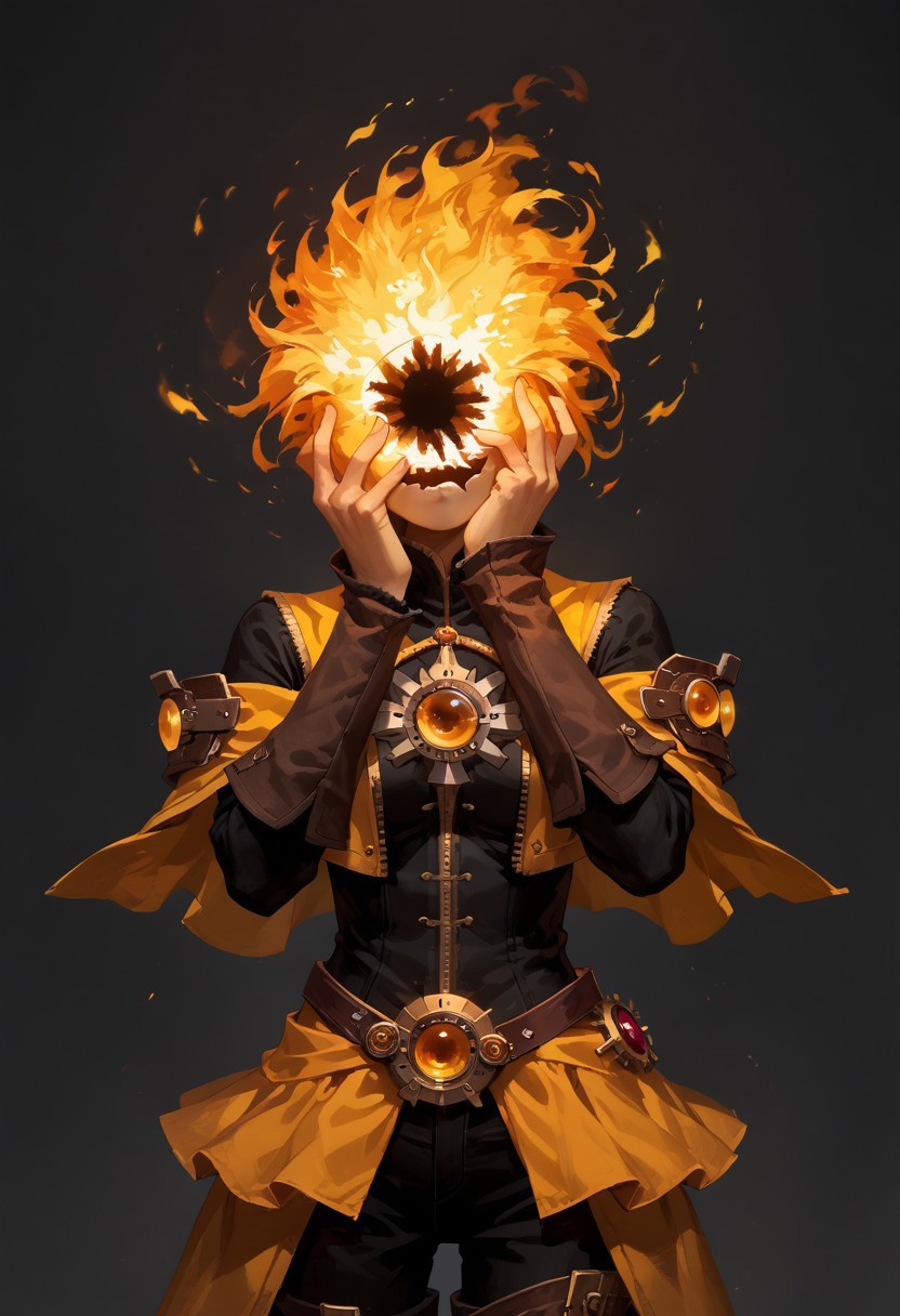 score_9, score_8_up, score_7_up,
lord_of_frenzy, fire head,
novakin, faceless, no eyes, no mouth, no nose, no facial features, short fiery yellow orange hair, body made of black plasma,
magical girl outfit, steampunk dress, boots,
head tilt,
simple background, grey background,
yandere trance, hands on own face, hands on own cheeks