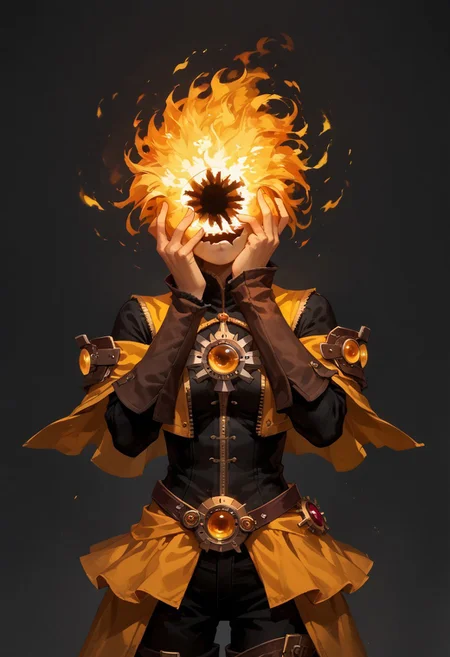 score_9, score_8_up, score_7_up,
lord_of_frenzy, fire head,
novakin, faceless, no eyes, no mouth, no nose, no facial features, short fiery yellow orange hair, body made of black plasma,
magical girl outfit, steampunk dress, boots,
head tilt,
simple background, grey background,
yandere trance, hands on own face, hands on own cheeks
