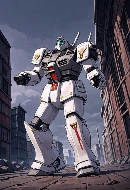 score_9, score_8_up, score_7_up, source_anime, cowboy shot, side view, BREAK, ( gm_cold_districts_type, looking up, running, bazooka, aiming up, beam saber on back, ) 1mech, mech focus, solo, BREAK, white to grey background, cold lighting, score_9, score_8_up, score_7_up, source_anime, cowboy shot, side view, dutch angle from below, BREAK, ( ) 1mech, mech focus, solo, BREAK, city, ruins, overcast, cloudy sky, rain clouds, broken concrete, dirty, (score_9, score_8_up), score_7_up, <lora:PonyImperialF40k:0.8> ImperialF40k, power armor, GreyK40k, gold trim, skull decorations, gold edges,