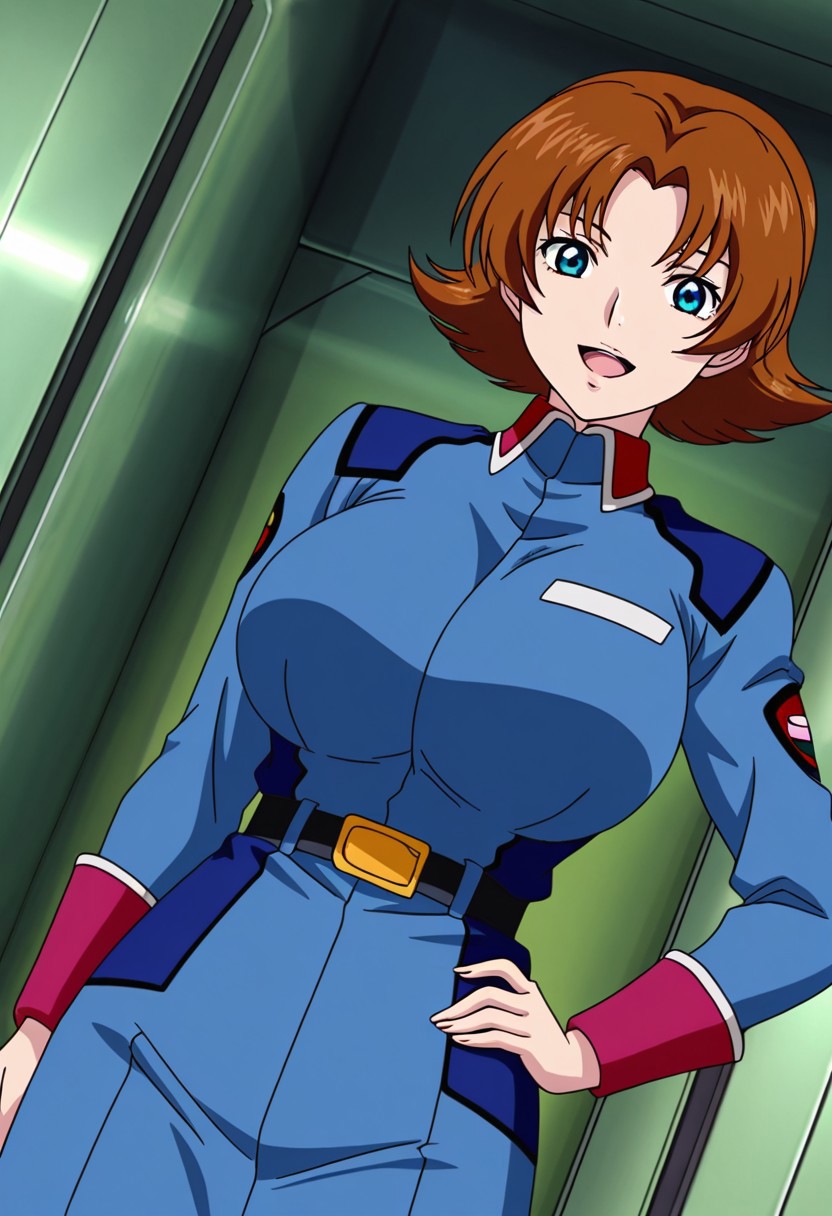 general,highres, ultra-detailed,very aesthetic,best quality ,best hands,best eyes,easynegative,
dynamic anglre, dutch angle, anime cloring,anime screencap,
1girl solo,looking at viewer,space ship,hand on hip,smile,open mouth,
Miriallia Haw,brown hair,short hair,blue eyes,huge breasts,militaly uniform,