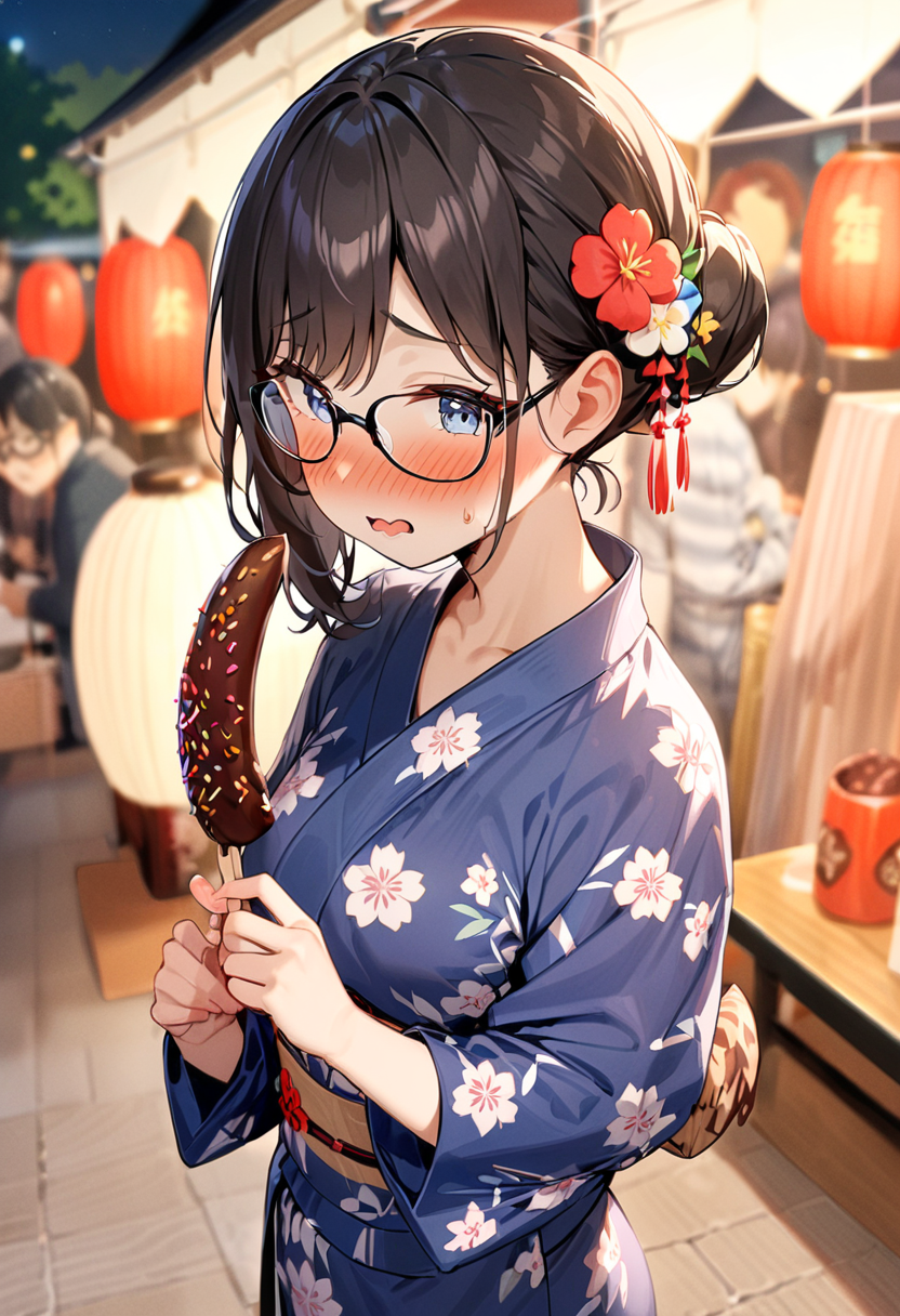 masterpiece, best quality, very aesthetic, absurdres,
chocolate banana, 1girl, solo, glasses, black hair, food, long hair, blush, holding, holding food, yukata, floral print, hair ornament, hair flower, hair bun, uchiwa, paper fan, paper lantern, night, blurry background, embarrassed, 
<lora:chocolate_banana_SDXL_V1:1>